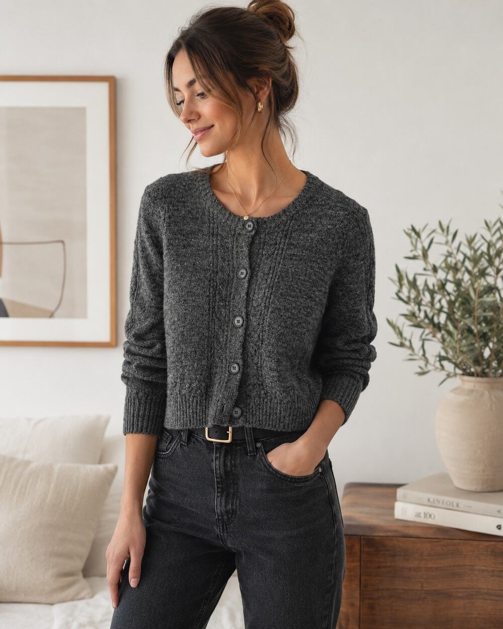 H&M SZ S Wool Blend Mixed Media Button Front Cardigan In Charcoal